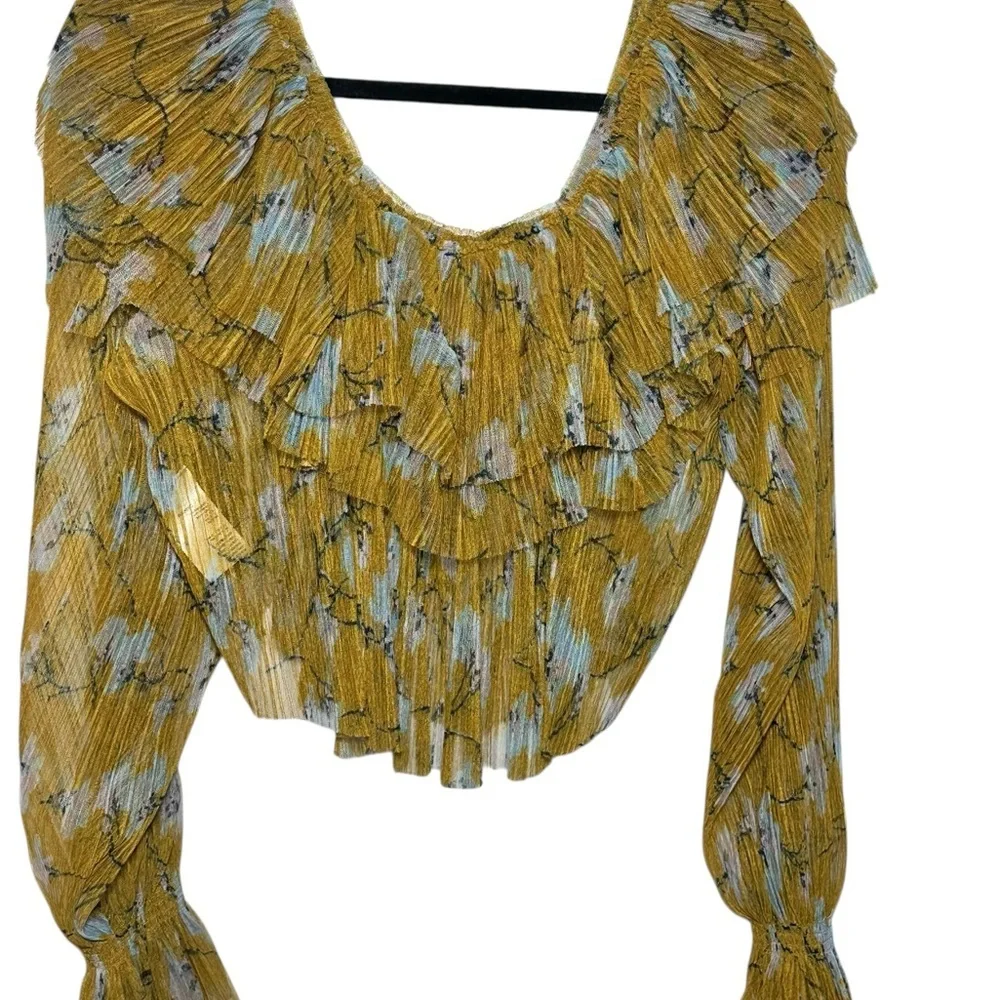 Free‎ People Frills and Thrills Ruffled Semi Sheer Button Front Long Sleeve SZ S